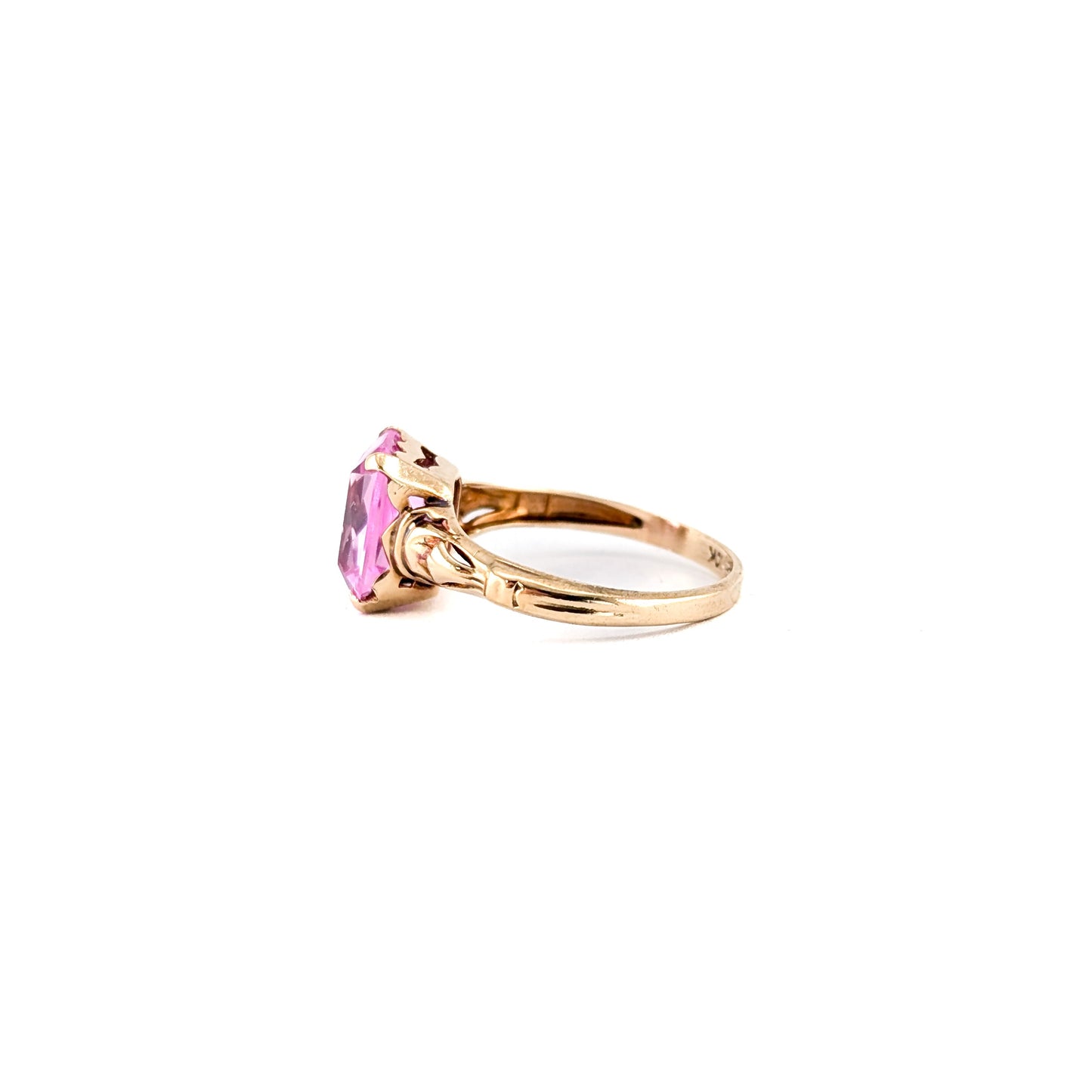 Vintage 10K Gold Pink Sapphire Ring– Emerald Cut Pink Stone Statement Ring