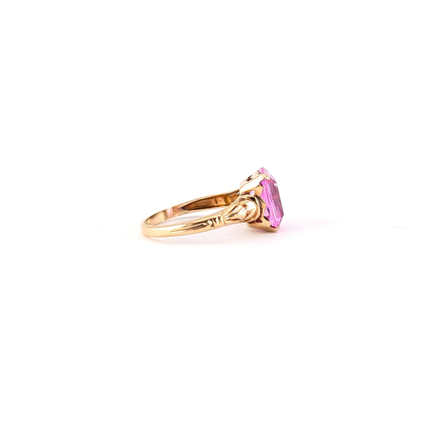 Vintage 10K Gold Pink Sapphire Ring– Emerald Cut Pink Stone Statement Ring