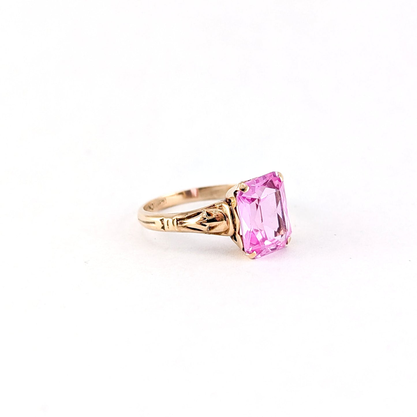 Vintage 10K Gold Pink Sapphire Ring– Emerald Cut Pink Stone Statement Ring