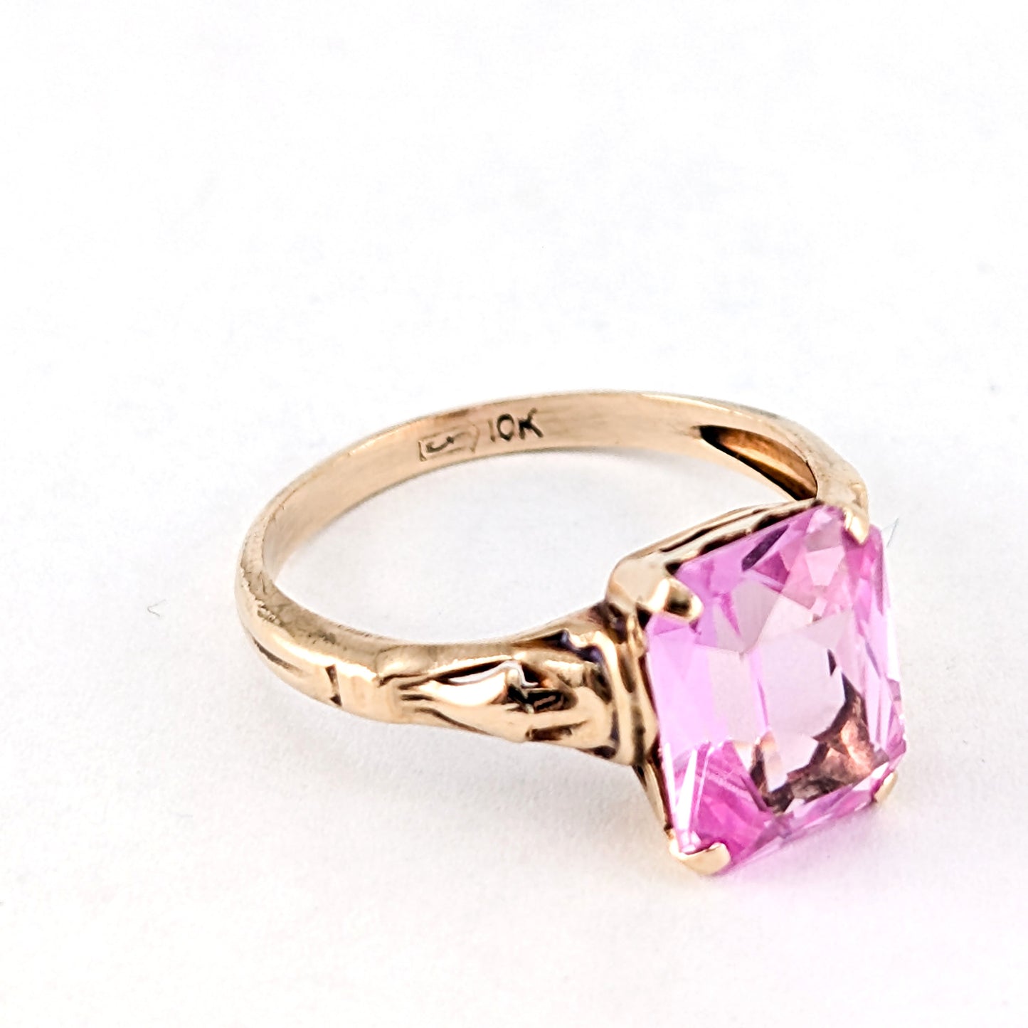 Vintage 10K Gold Pink Sapphire Ring– Emerald Cut Pink Stone Statement Ring