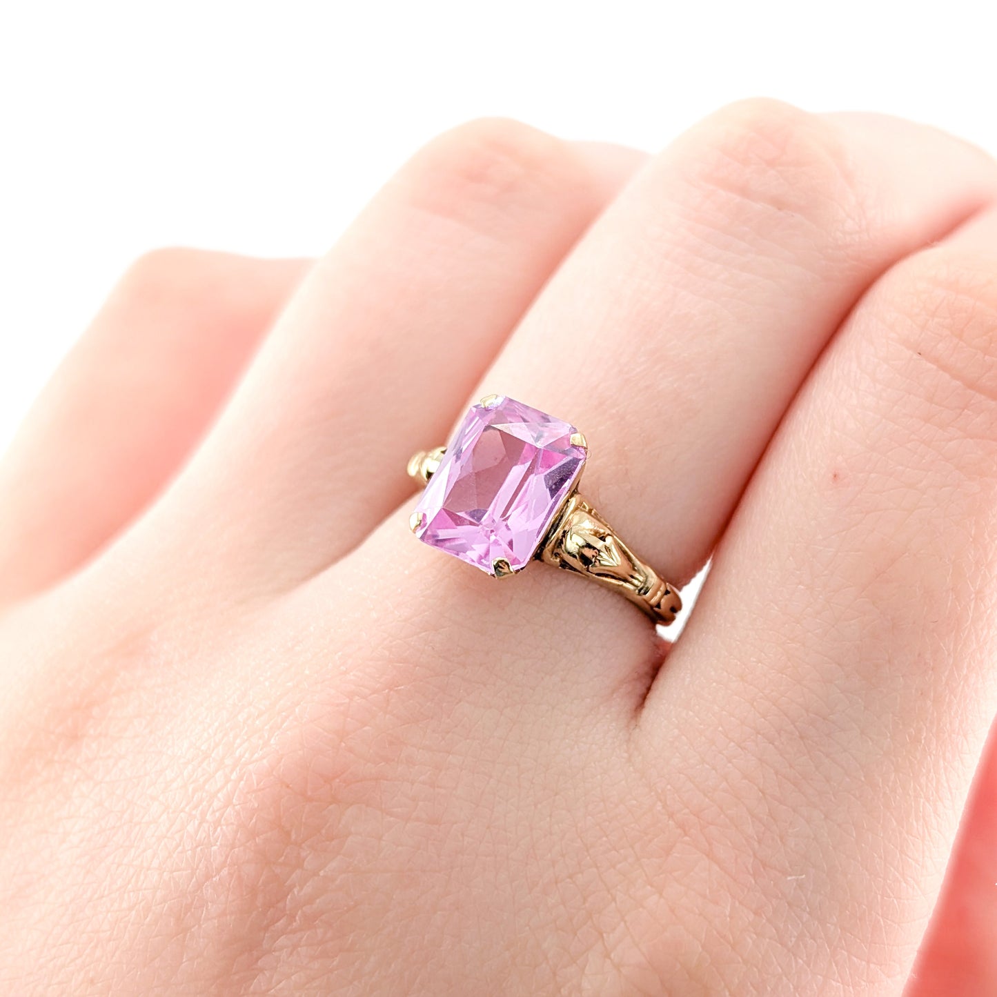Vintage 10K Gold Pink Sapphire Ring– Emerald Cut Pink Stone Statement Ring