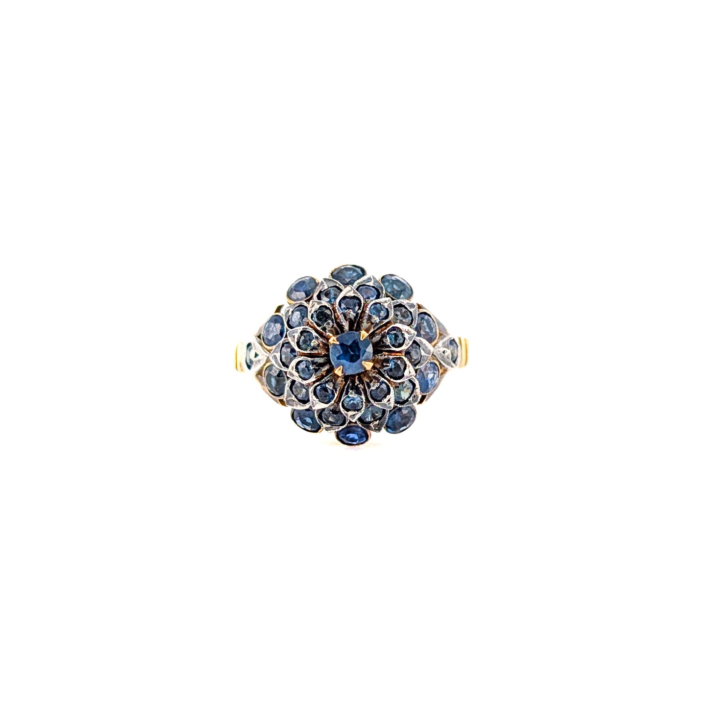 Vintage 14K Gold Thai Princess Sapphire Ring - Floral Cluster Dome Cocktail Ring