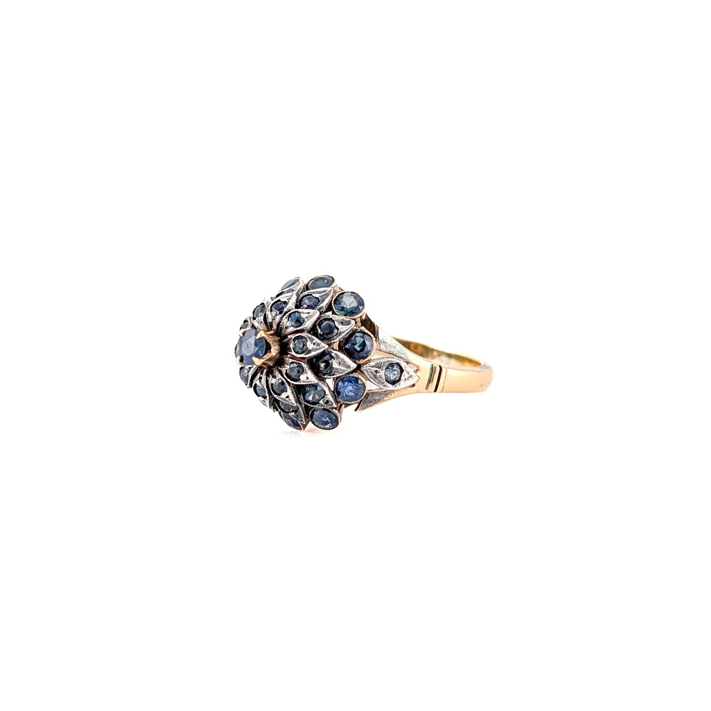 Vintage 14K Gold Thai Princess Sapphire Ring - Floral Cluster Dome Cocktail Ring