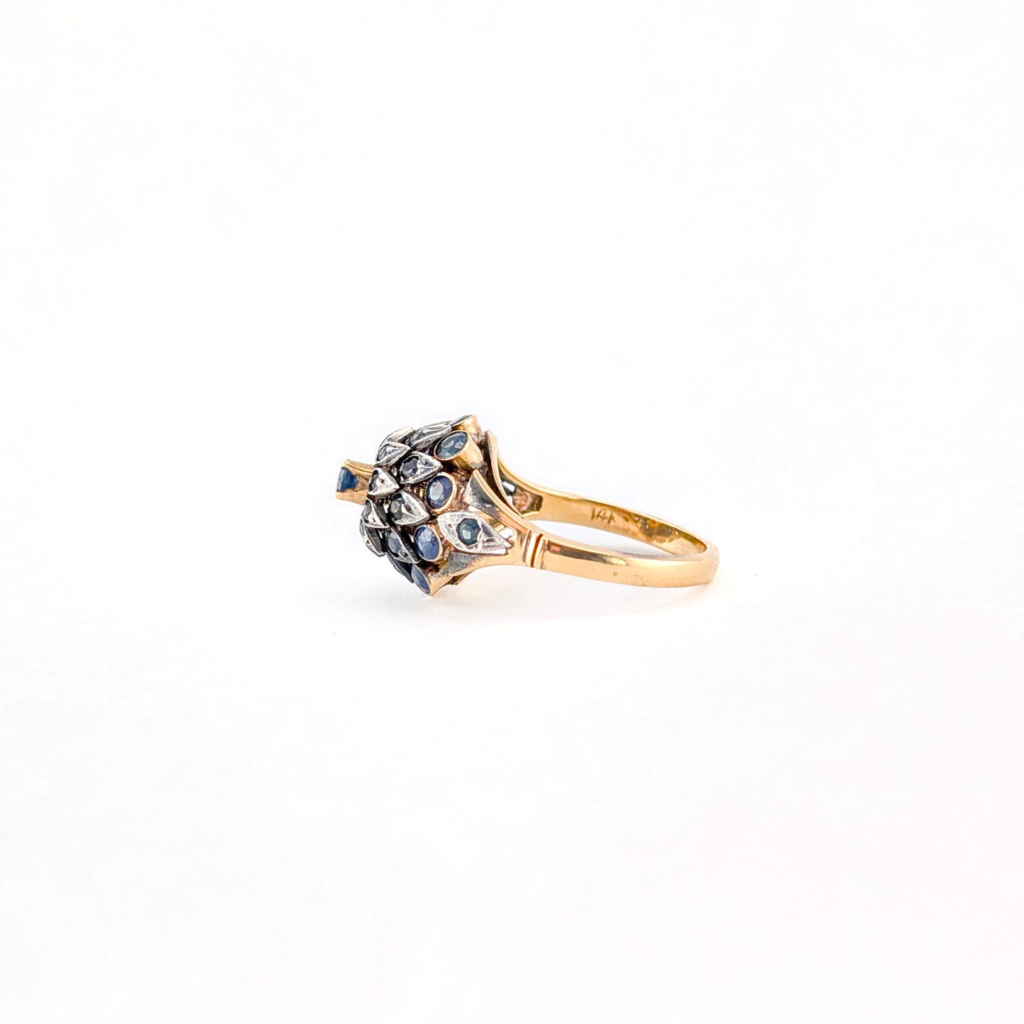 Vintage 14K Gold Thai Princess Sapphire Ring - Floral Cluster Dome Cocktail Ring