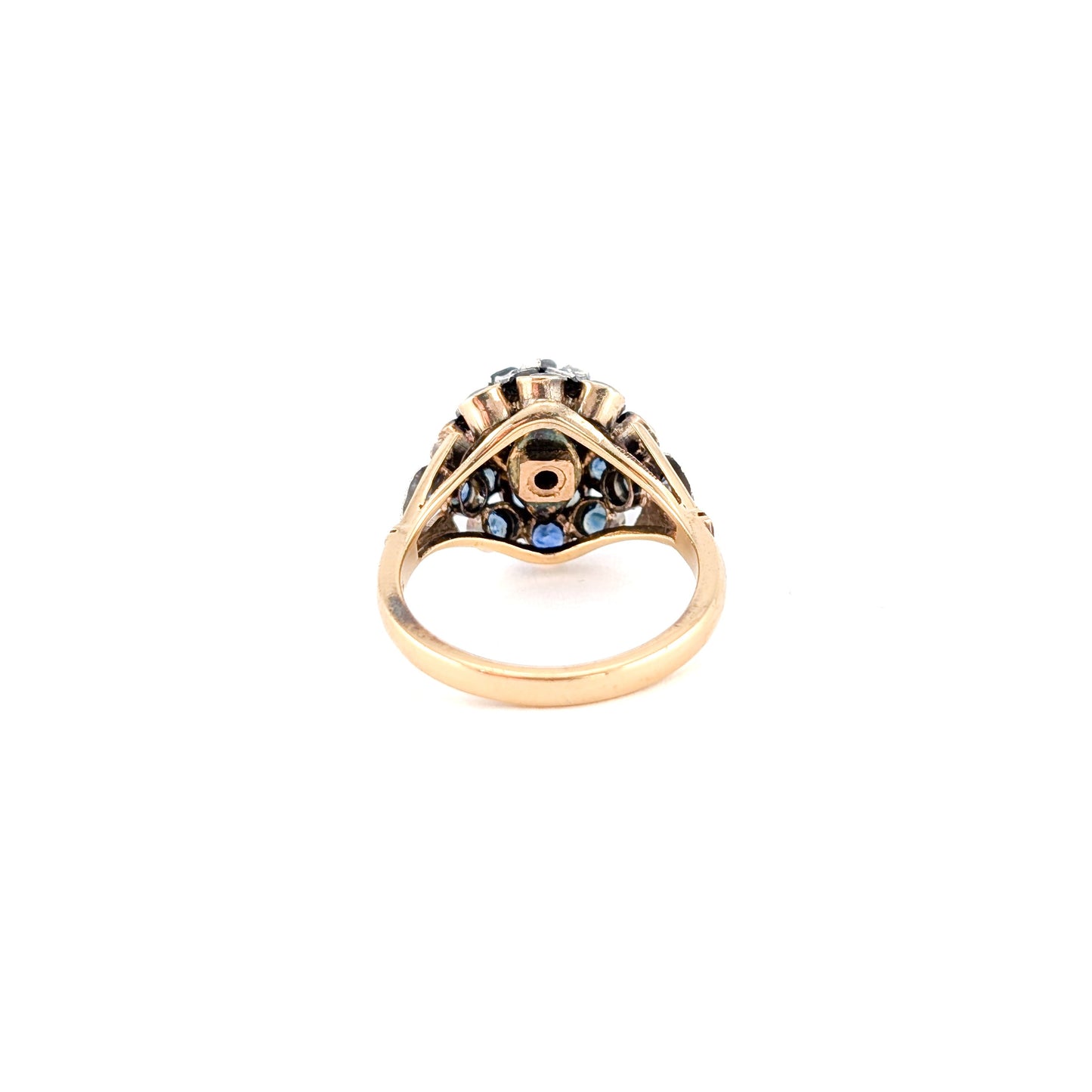 Vintage 14K Gold Thai Princess Sapphire Ring - Floral Cluster Dome Cocktail Ring