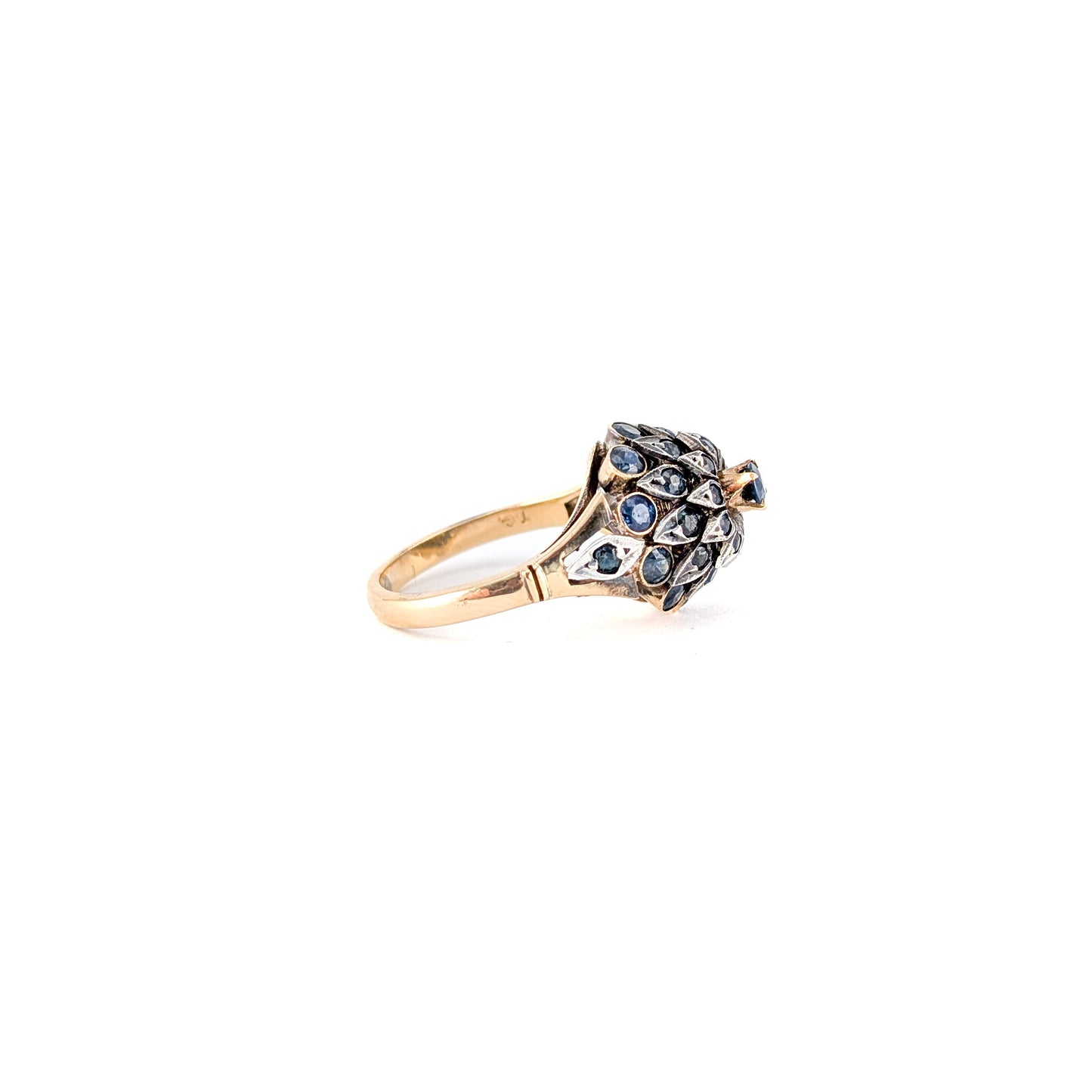 Vintage 14K Gold Thai Princess Sapphire Ring - Floral Cluster Dome Cocktail Ring