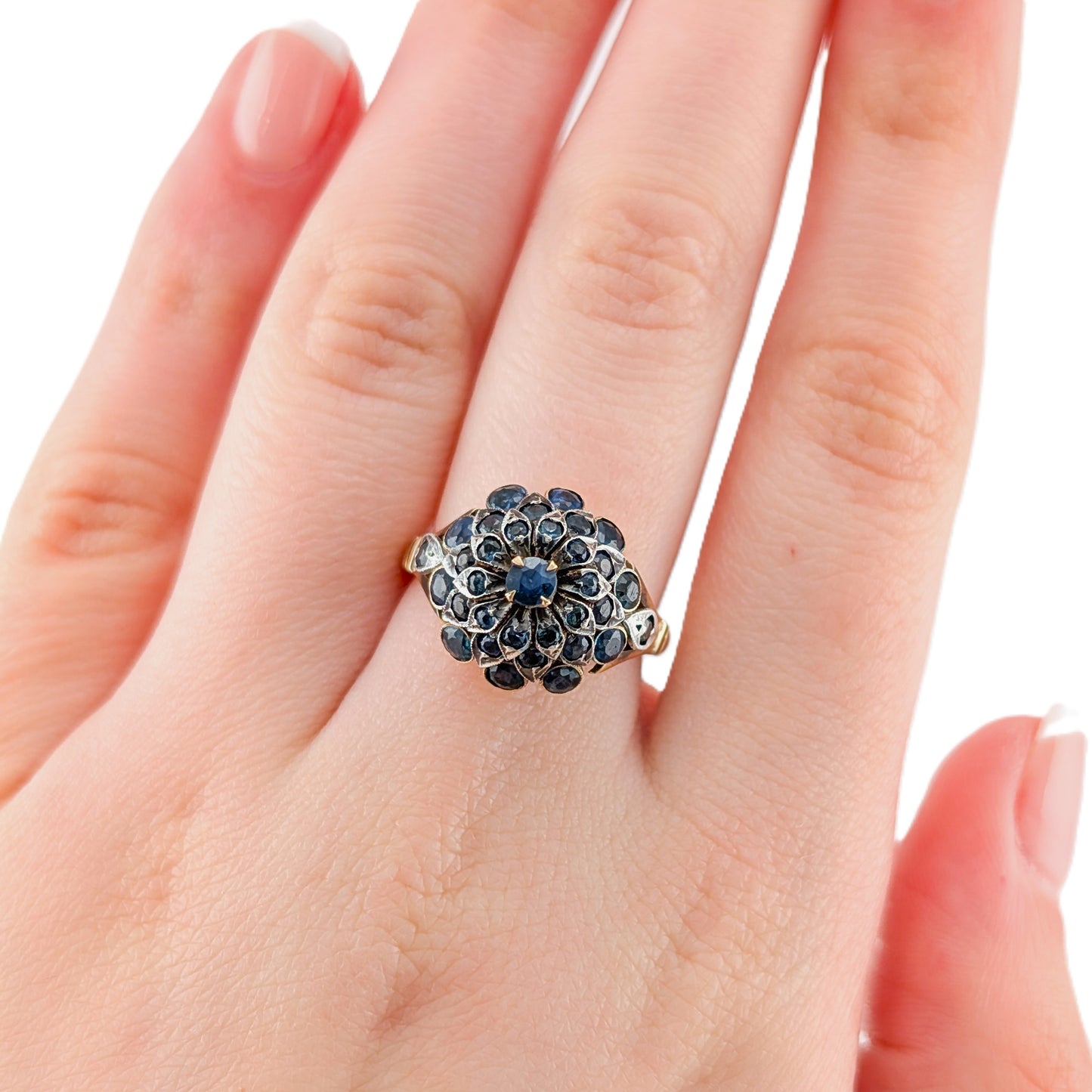 Vintage 14K Gold Thai Princess Sapphire Ring - Floral Cluster Dome Cocktail Ring