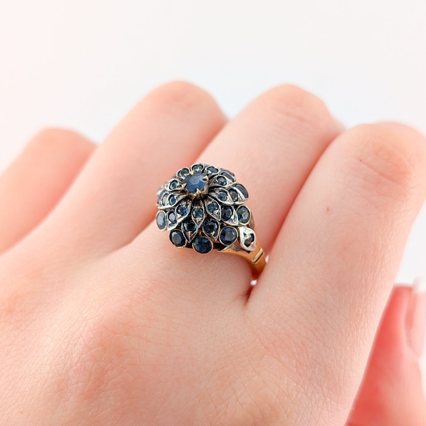 Vintage 14K Gold Thai Princess Sapphire Ring - Floral Cluster Dome Cocktail Ring