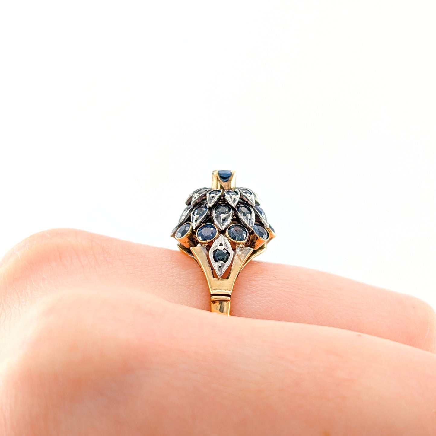 Vintage 14K Gold Thai Princess Sapphire Ring - Floral Cluster Dome Cocktail Ring