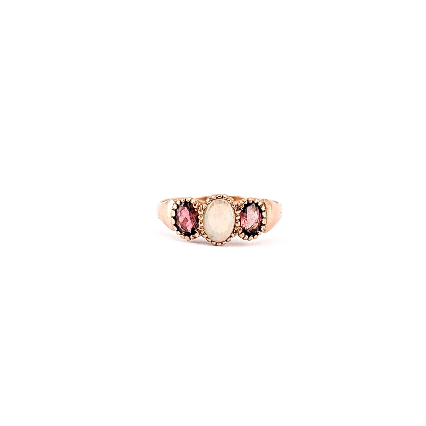 Vintage English 9k Rose Gold Opal and Tourmaline Ring