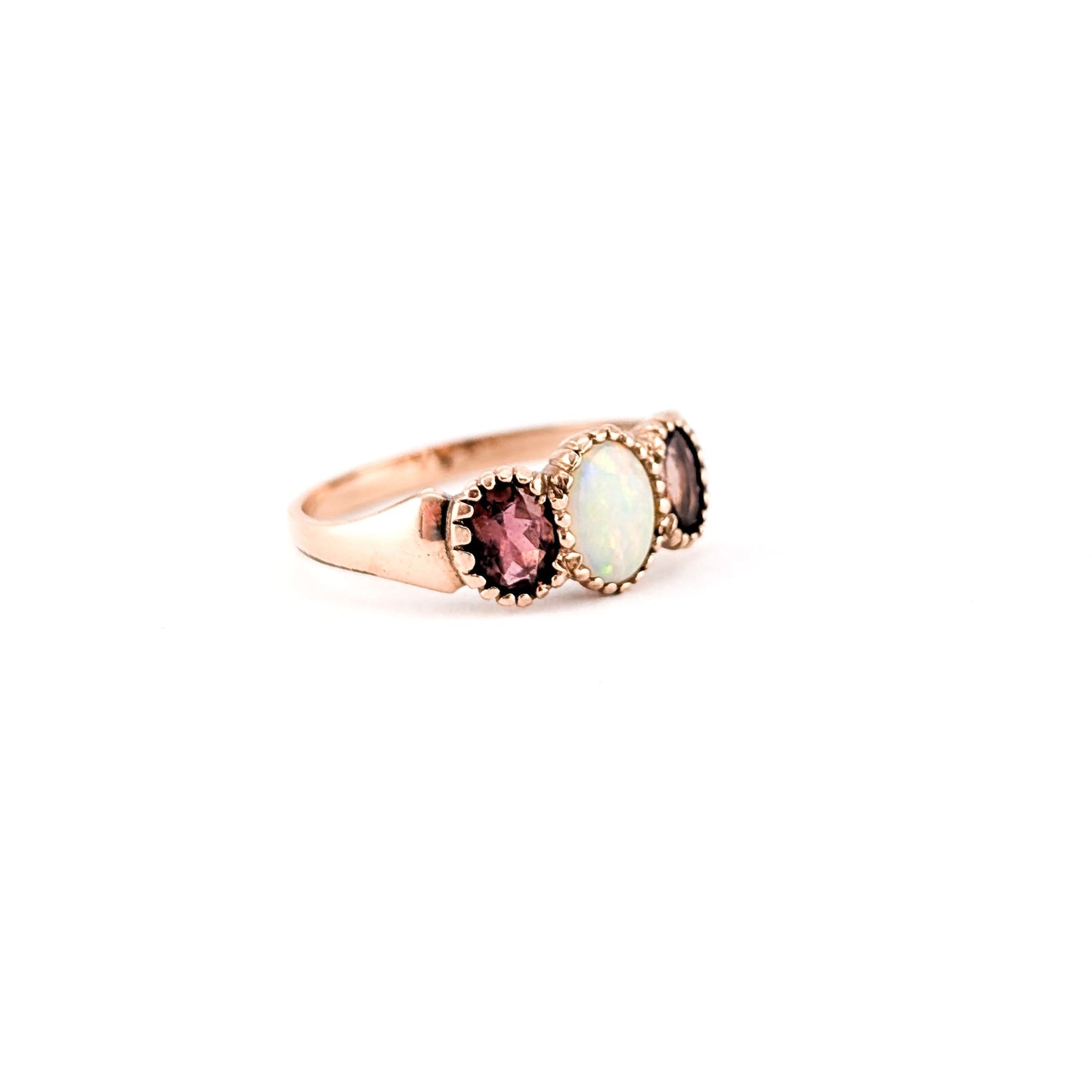 Vintage English 9k Rose Gold Opal and Tourmaline Ring