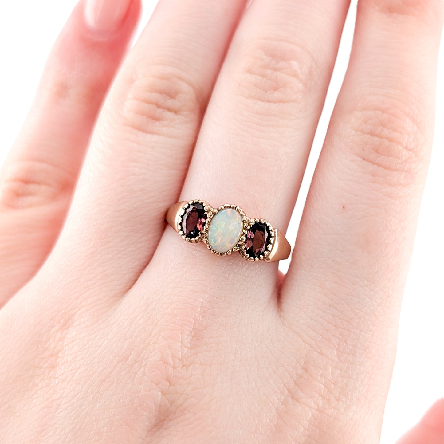 Vintage English 9k Rose Gold Opal and Tourmaline Ring