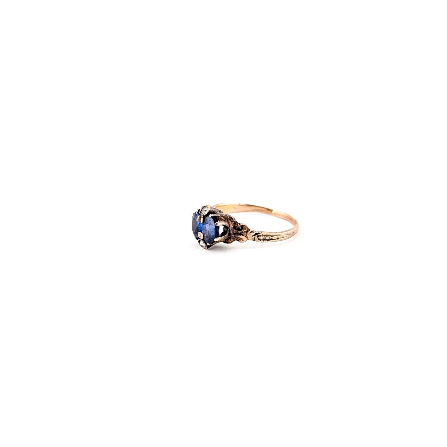 Antique Victorian 10K Gold Blue Glass Paste Gemstone Ring with Natural Diamond Accents