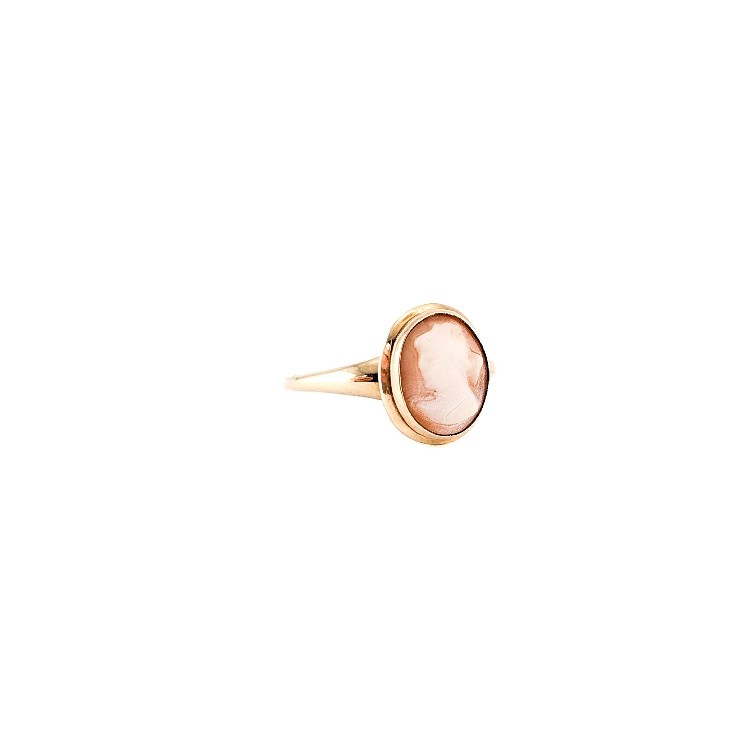 Vintage 10K Gold Shell Cameo Ring with Hand Carved Lady Profile