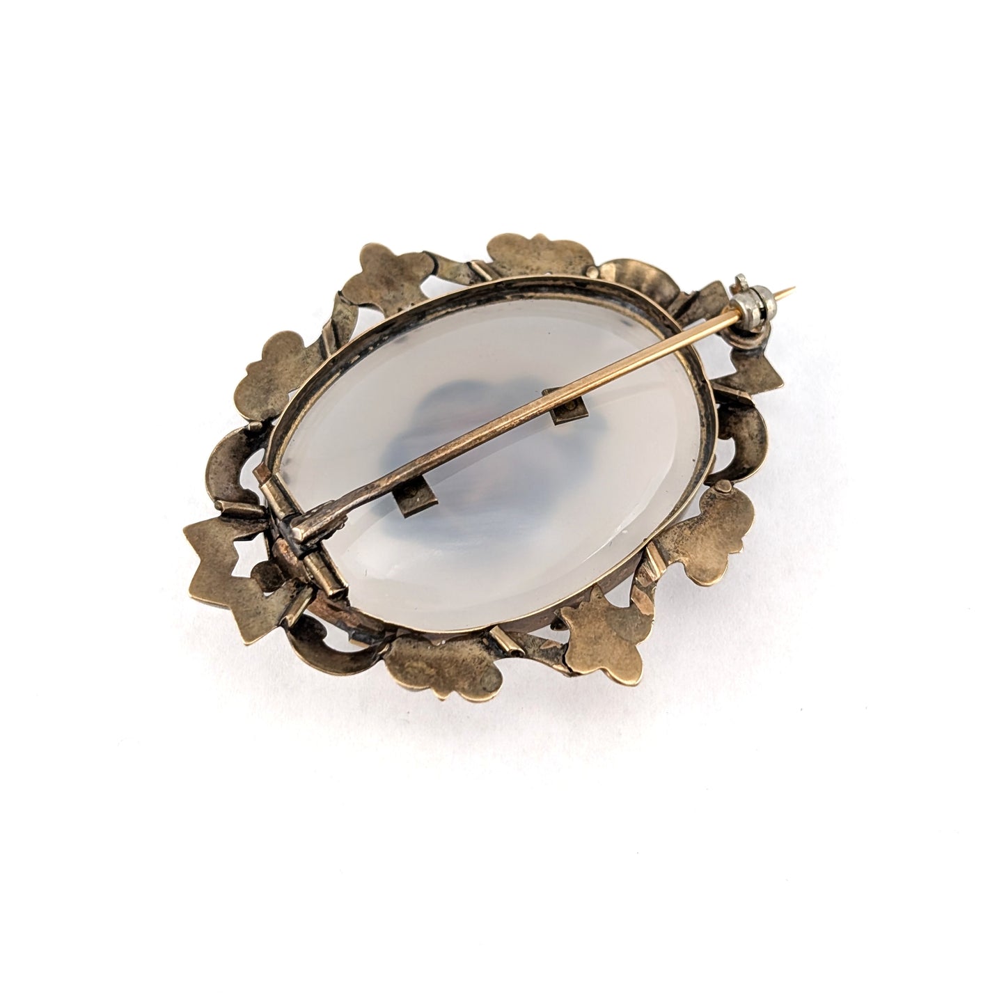 Antique 10K Gold Chalcedony & Agate Cameo Mourning Brooch – Victorian Hardstone Floral Brooch