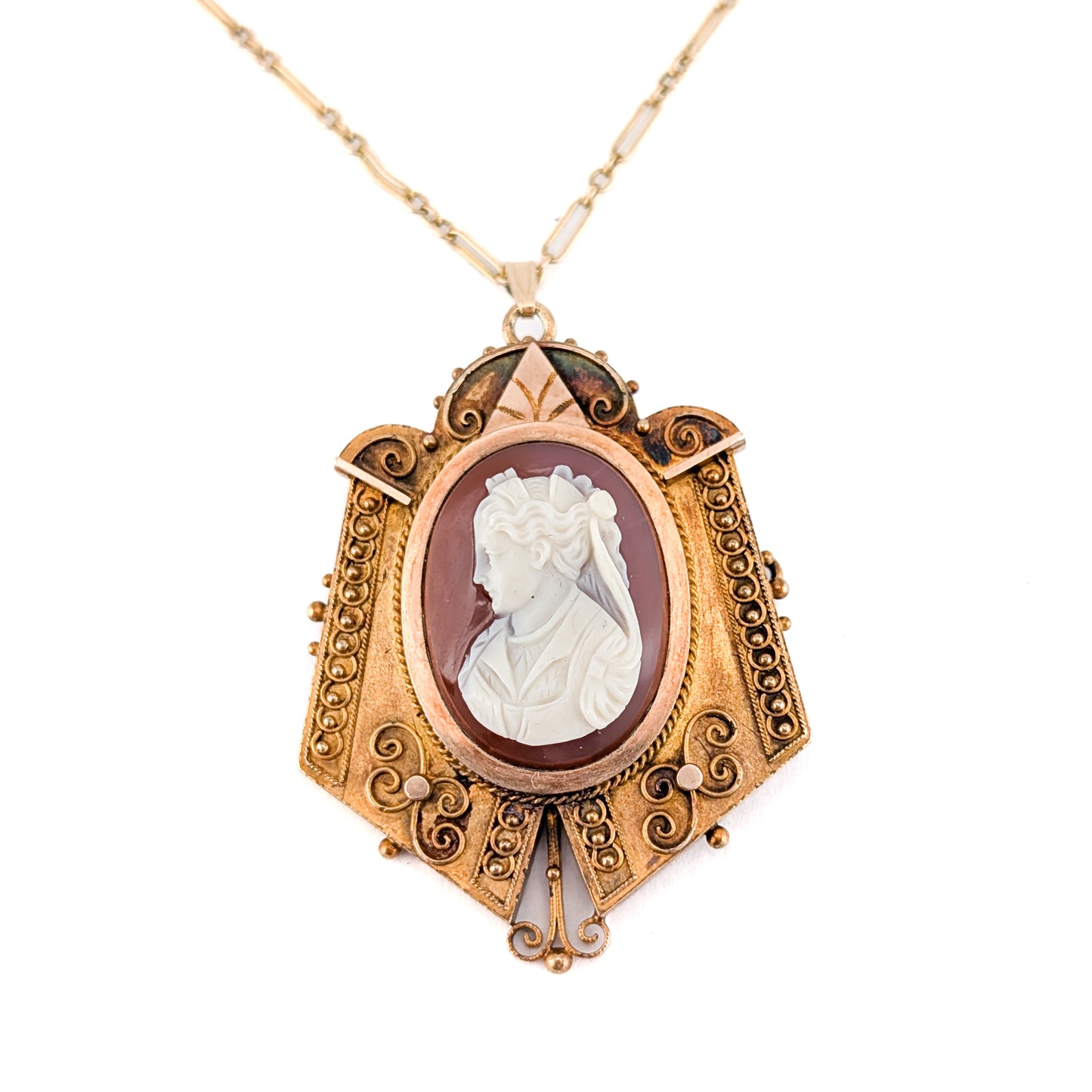 Antique Victorian 14K Gold Carnelian Cameo Pendant Brooch – Hand Carved Lady Cameo Necklace with GF Chain