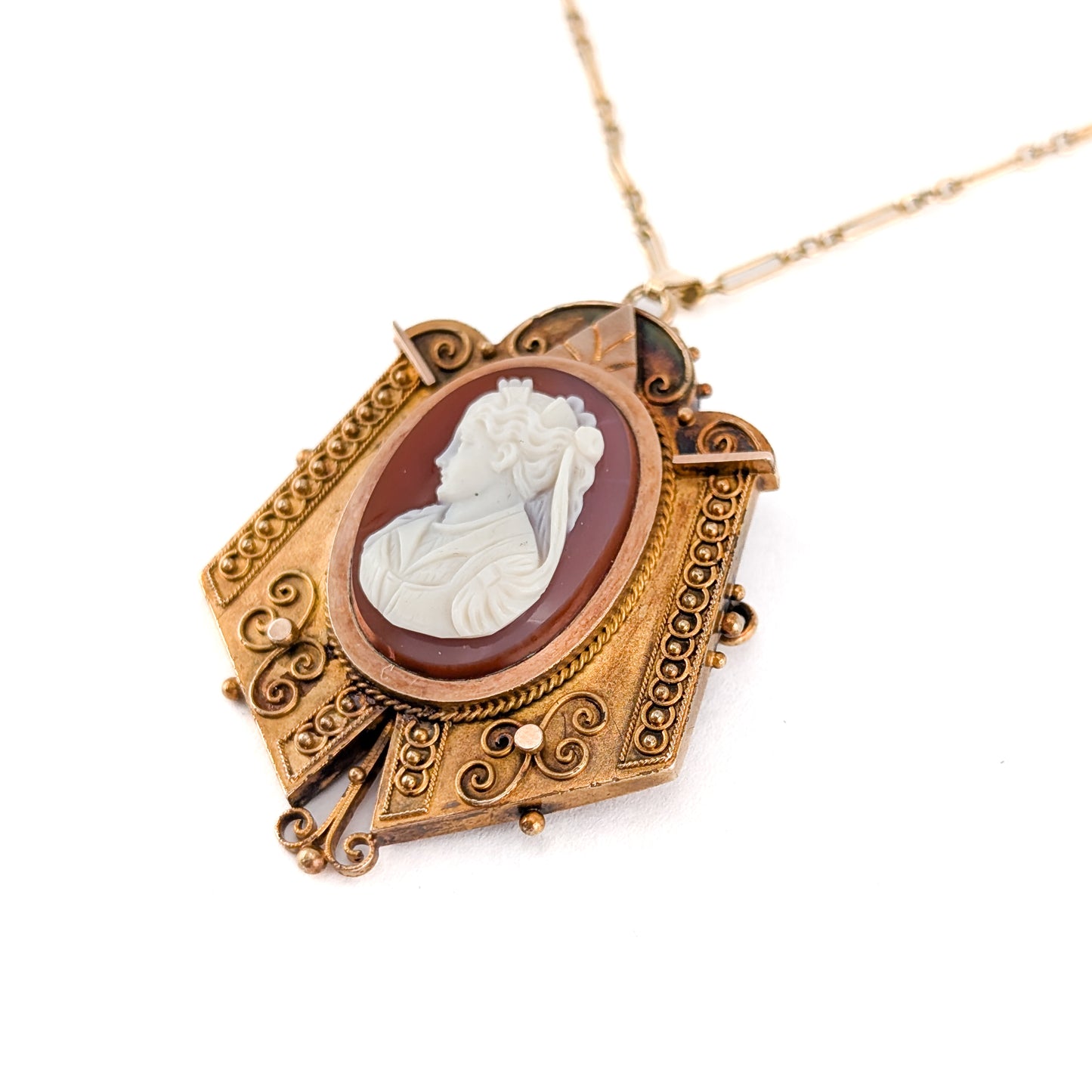 Antique Victorian 14K Gold Carnelian Cameo Pendant Brooch – Hand Carved Lady Cameo Necklace with GF Chain