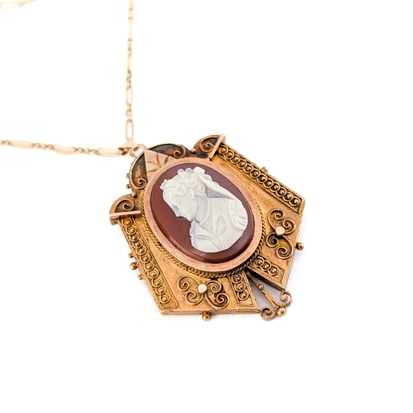 Antique Victorian 14K Gold Carnelian Cameo Pendant Brooch – Hand Carved Lady Cameo Necklace with GF Chain
