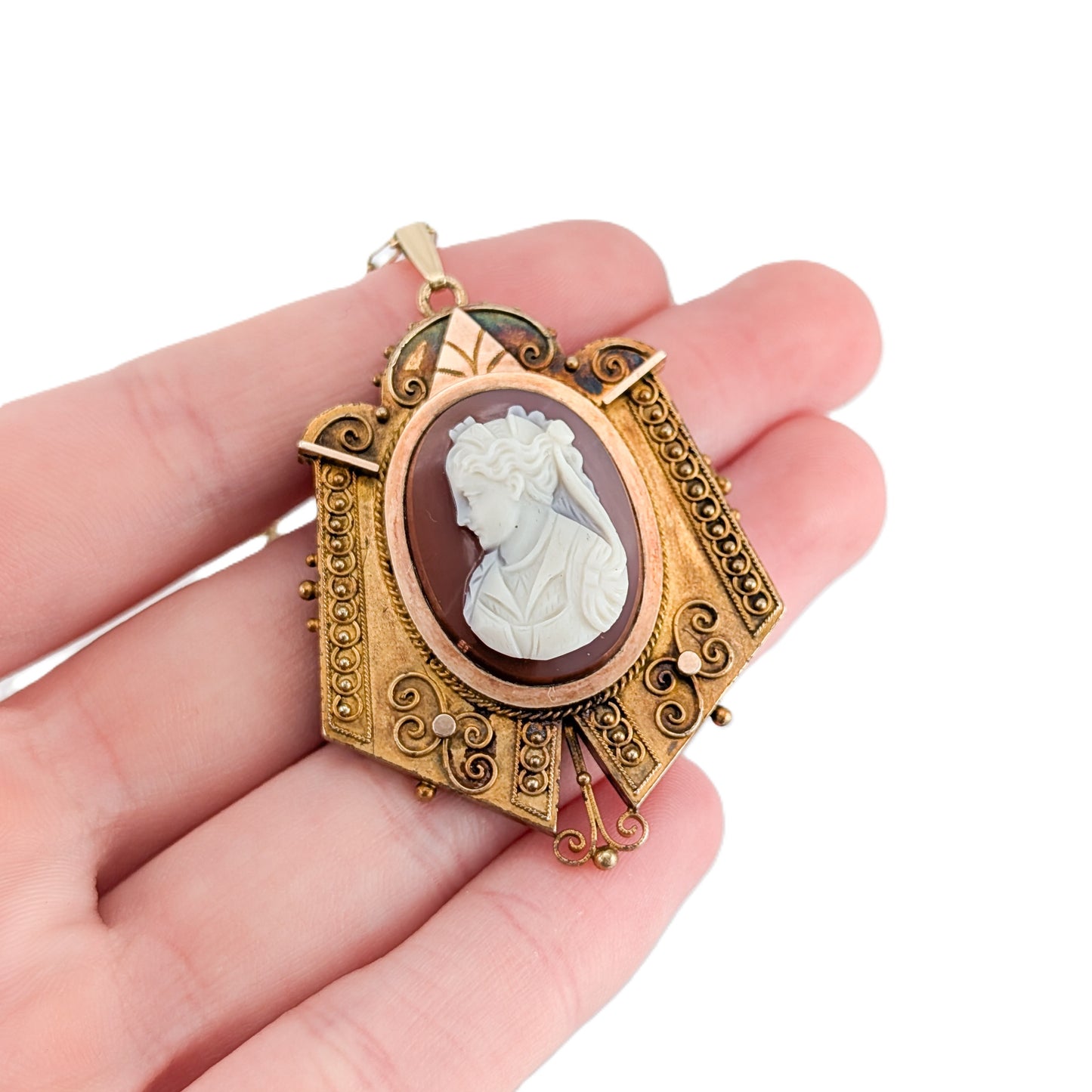 Antique Victorian 14K Gold Carnelian Cameo Pendant Brooch – Hand Carved Lady Cameo Necklace with GF Chain