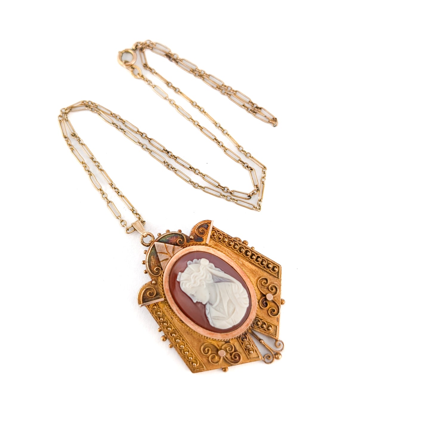 Antique Victorian 14K Gold Carnelian Cameo Pendant Brooch – Hand Carved Lady Cameo Necklace with GF Chain