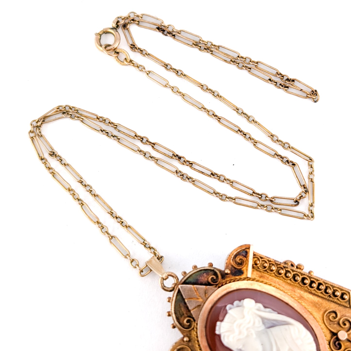 Antique Victorian 14K Gold Carnelian Cameo Pendant Brooch – Hand Carved Lady Cameo Necklace with GF Chain