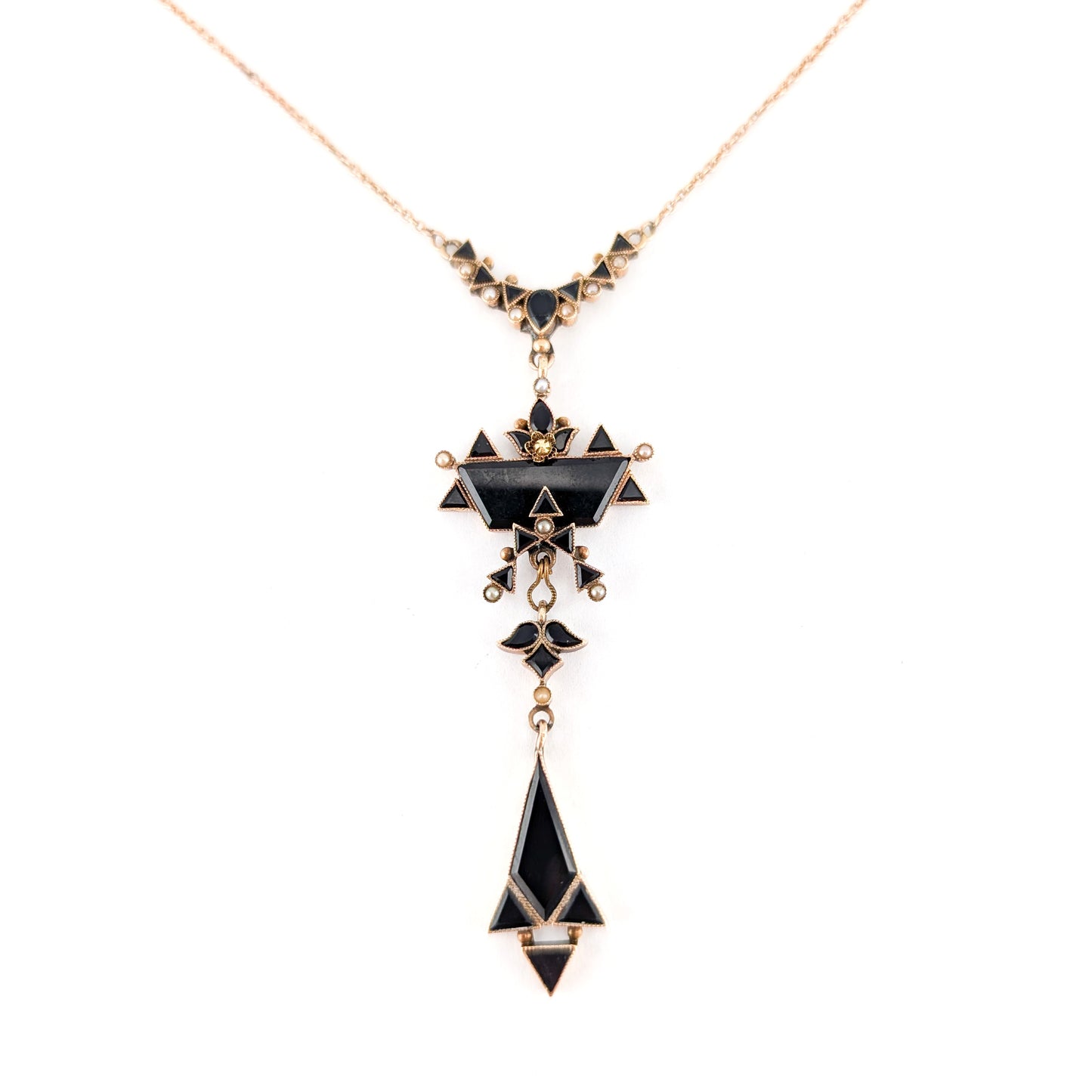 Antique Victorian 10K Gold Onyx and Seed Pearl Necklace – Geometric Drop Pendant