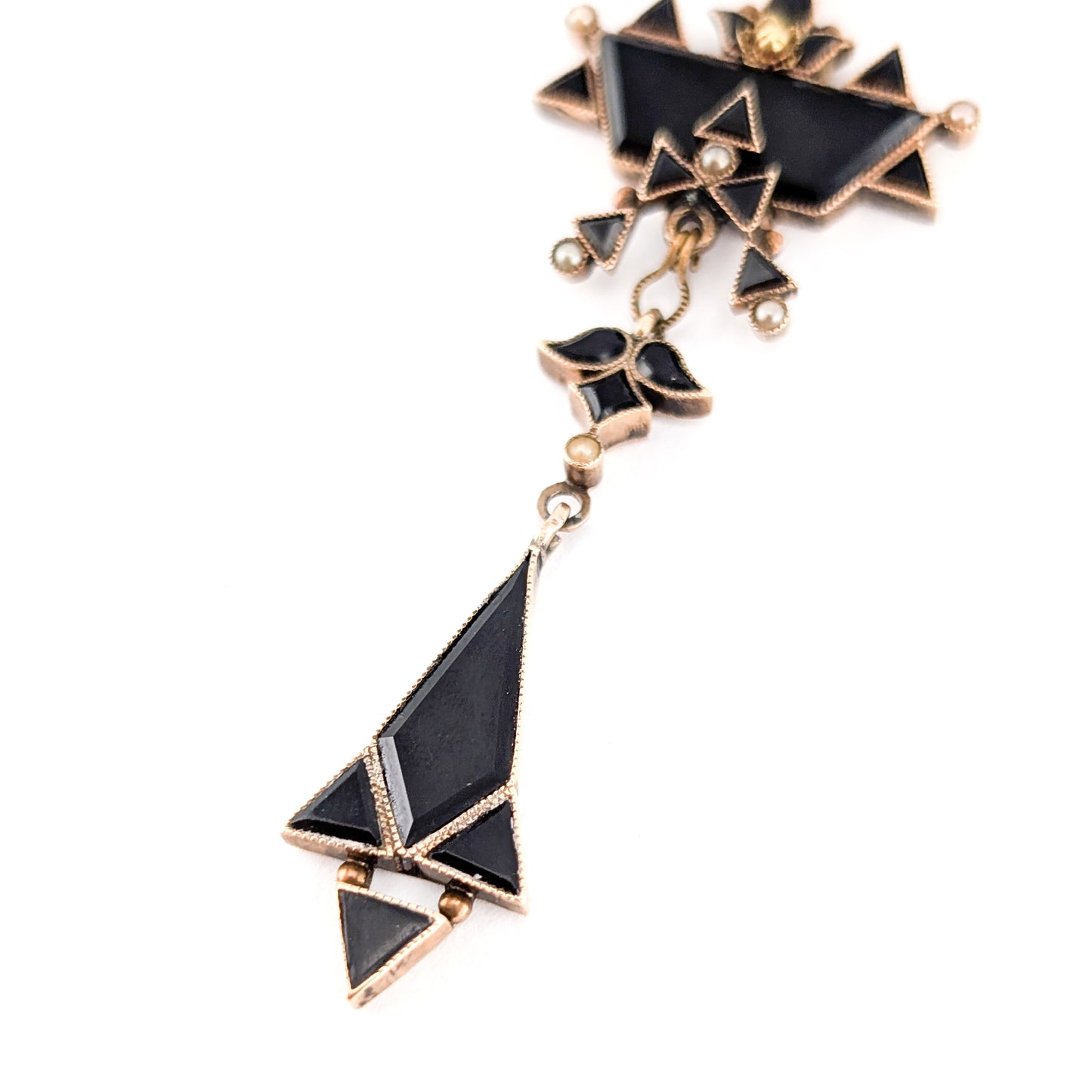 Antique Victorian 10K Gold Onyx and Seed Pearl Necklace – Geometric Drop Pendant