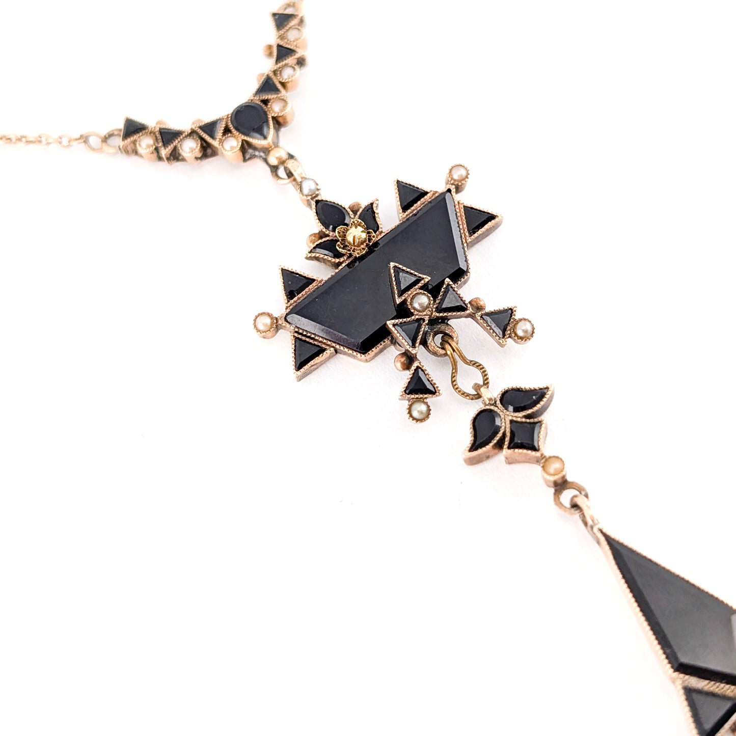 Antique Victorian 10K Gold Onyx and Seed Pearl Necklace – Geometric Drop Pendant