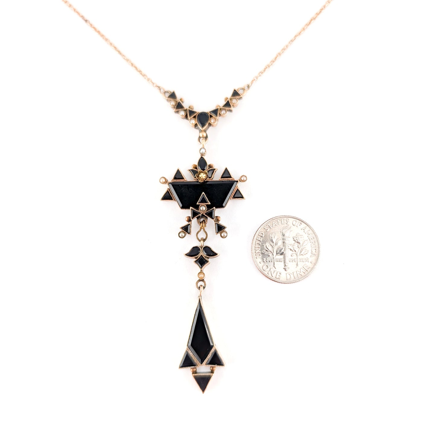 Antique Victorian 10K Gold Onyx and Seed Pearl Necklace – Geometric Drop Pendant
