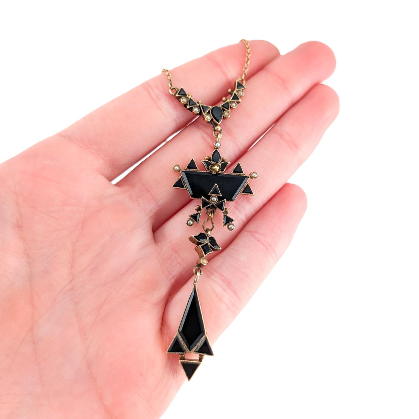 Antique Victorian 10K Gold Onyx and Seed Pearl Necklace – Geometric Drop Pendant