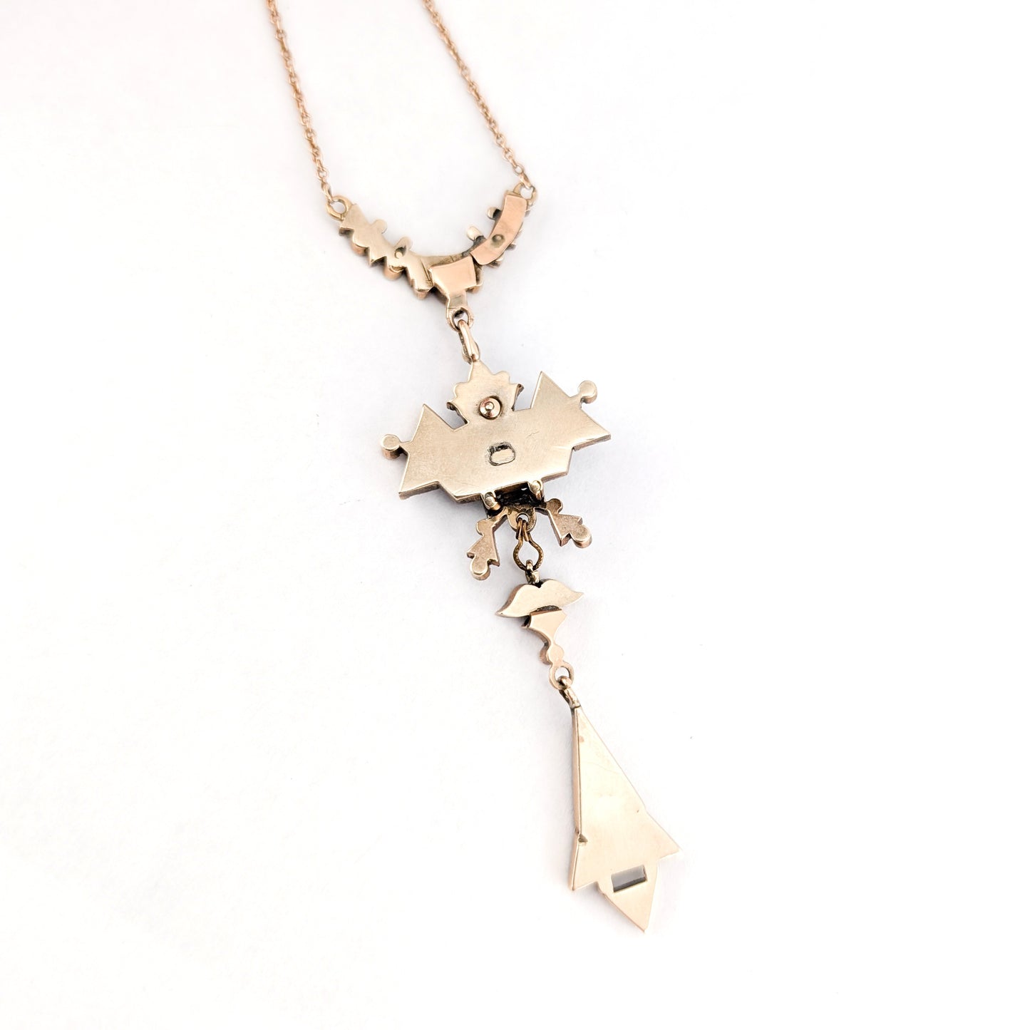 Antique Victorian 10K Gold Onyx and Seed Pearl Necklace – Geometric Drop Pendant