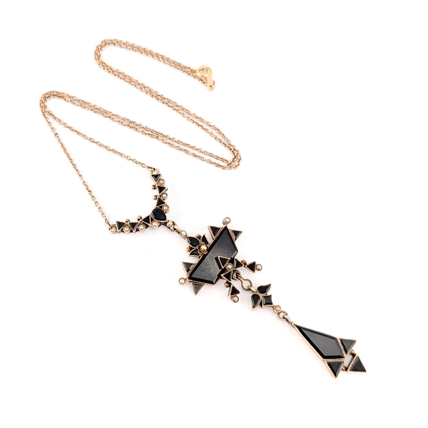 Antique Victorian 10K Gold Onyx and Seed Pearl Necklace – Geometric Drop Pendant