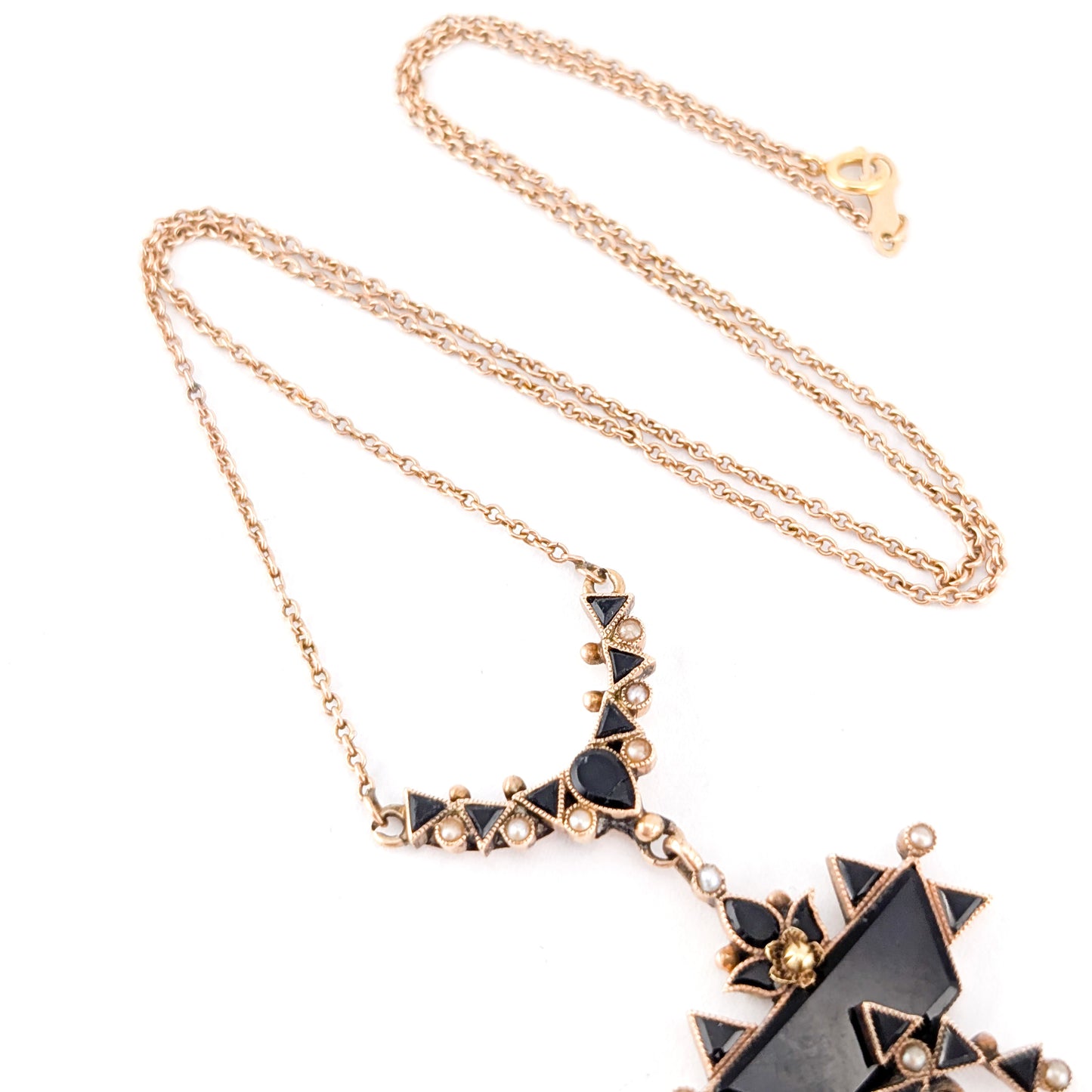 Antique Victorian 10K Gold Onyx and Seed Pearl Necklace – Geometric Drop Pendant