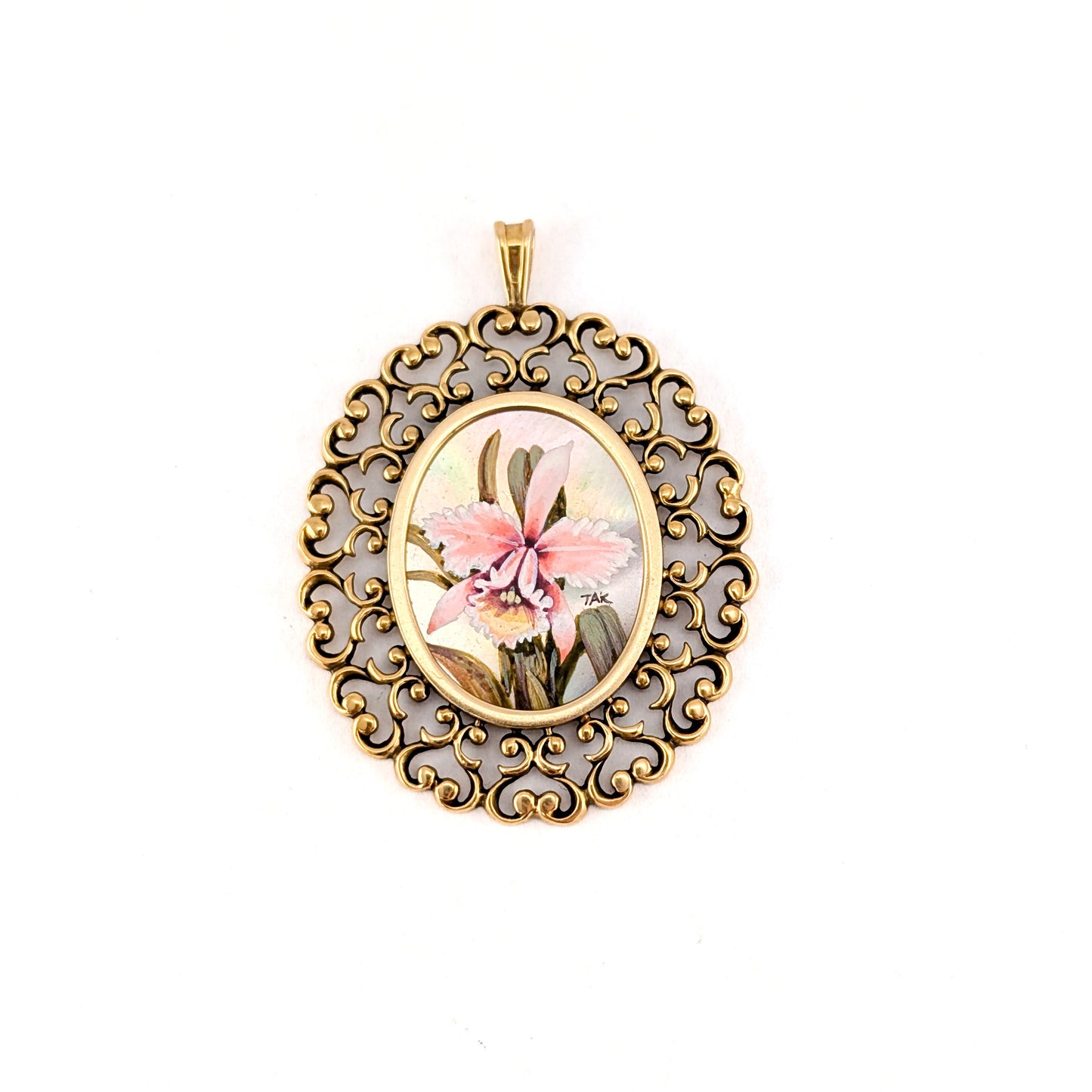 Vintage 14K Gold Filigree Pendant with Hand-Painted Orchid on Mother of Pearl – Signed “TAK,” Attributed to Hawaiian Studio, 1986