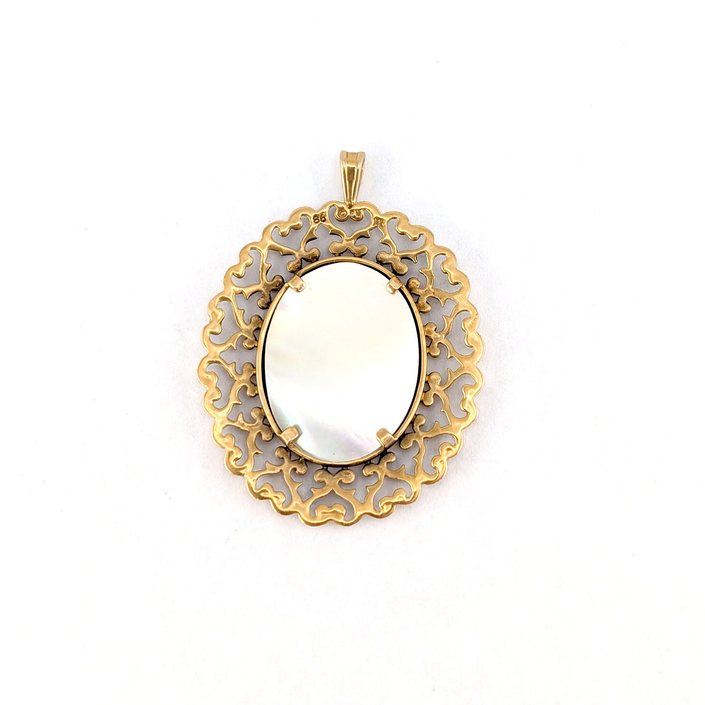 Vintage 14K Gold Filigree Pendant with Hand-Painted Orchid on Mother of Pearl – Signed “TAK,” Attributed to Hawaiian Studio, 1986