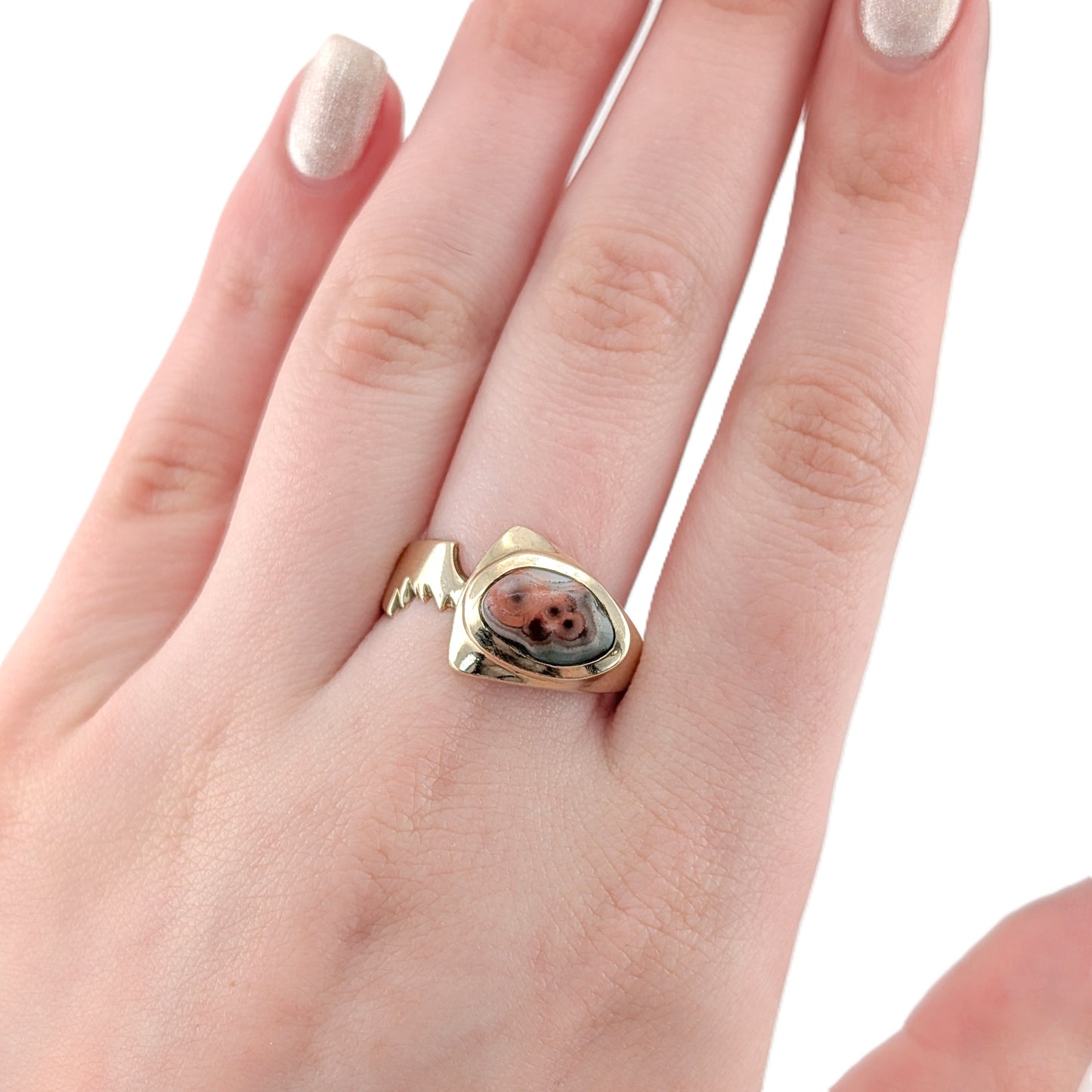 Vintage 14K Gold Agate Ring – Sculptural Statement Ring, Chunky Unisex Style