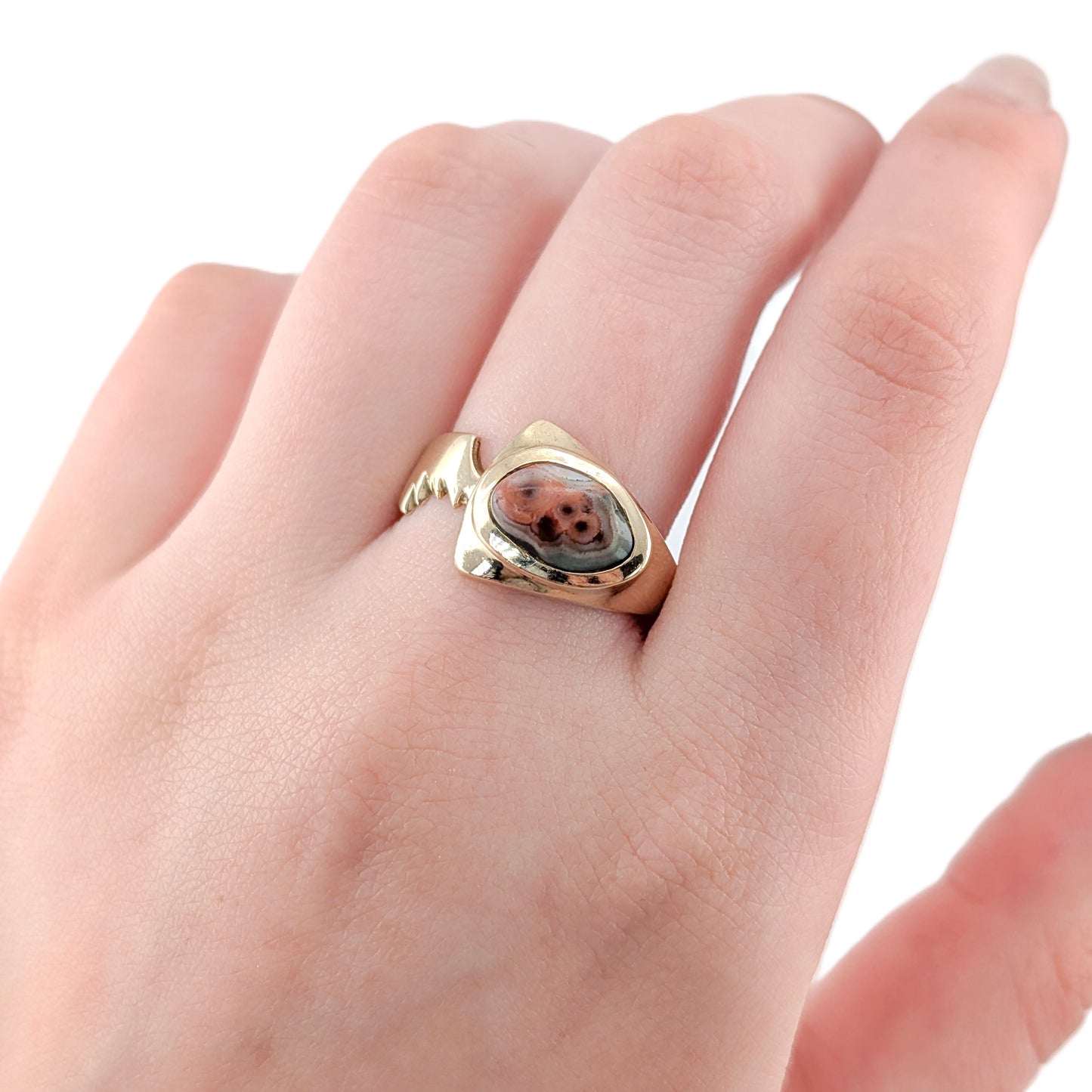 Vintage 14K Gold Agate Ring – Sculptural Statement Ring, Chunky Unisex Style