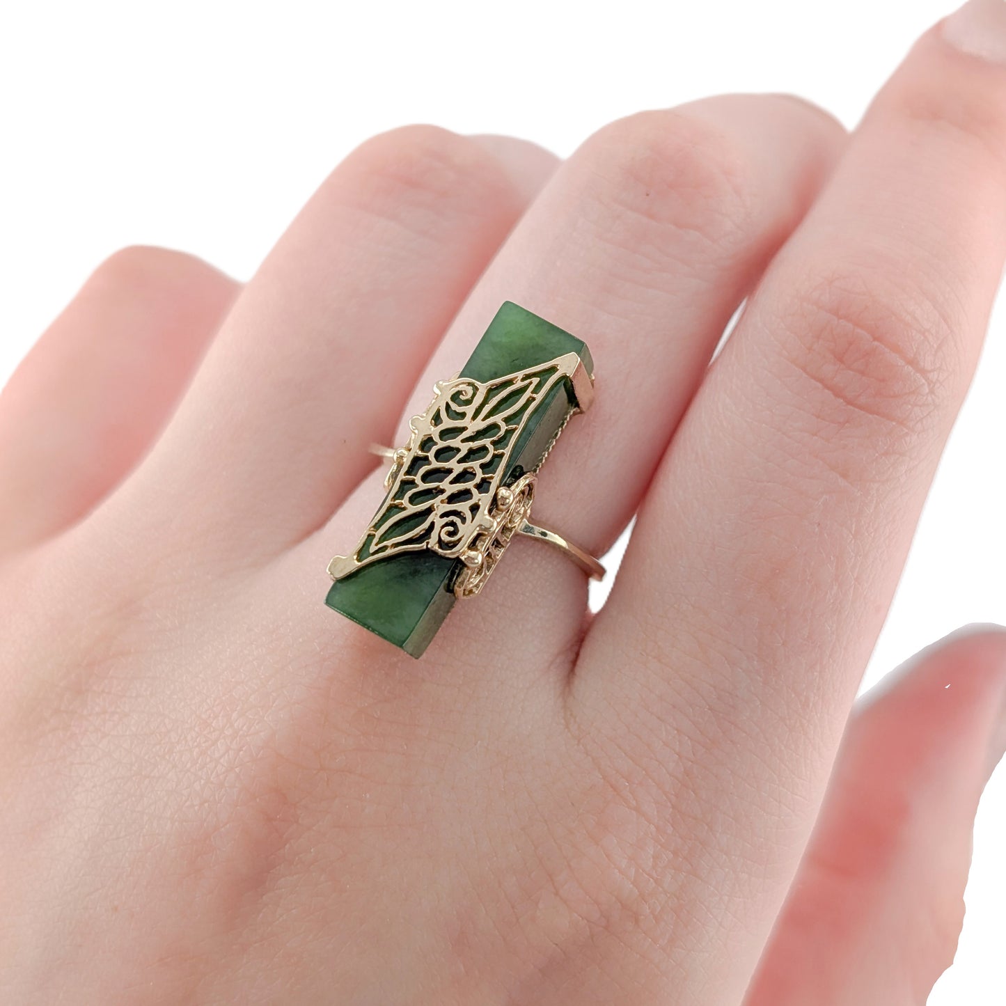 Vintage Resco 10K Gold Jade Ring – Carved Green Jade, Sculptural Filigree Statement Ring