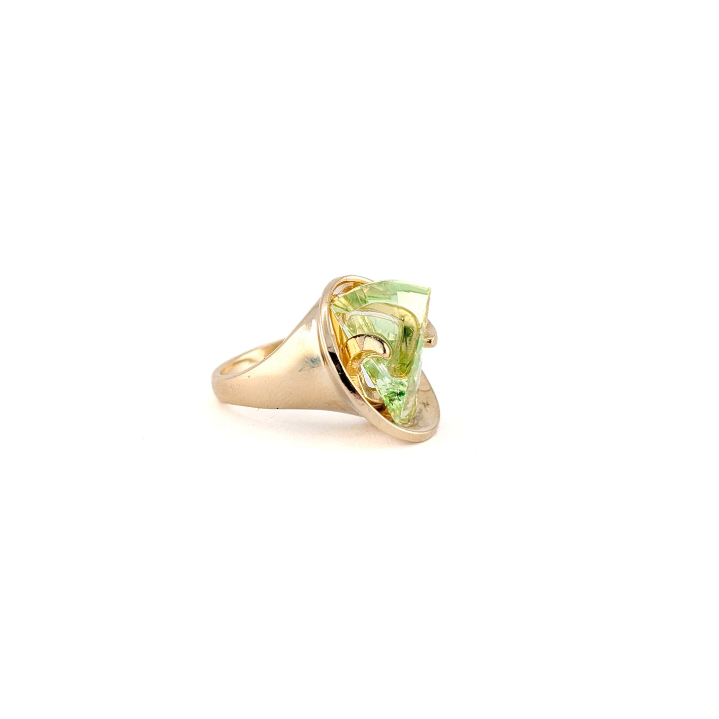 Vintage Strell 14K Gold Lighthouse Lens Ring – Faceted Uranium Glass / Synthetic Spinel, Modernist Design