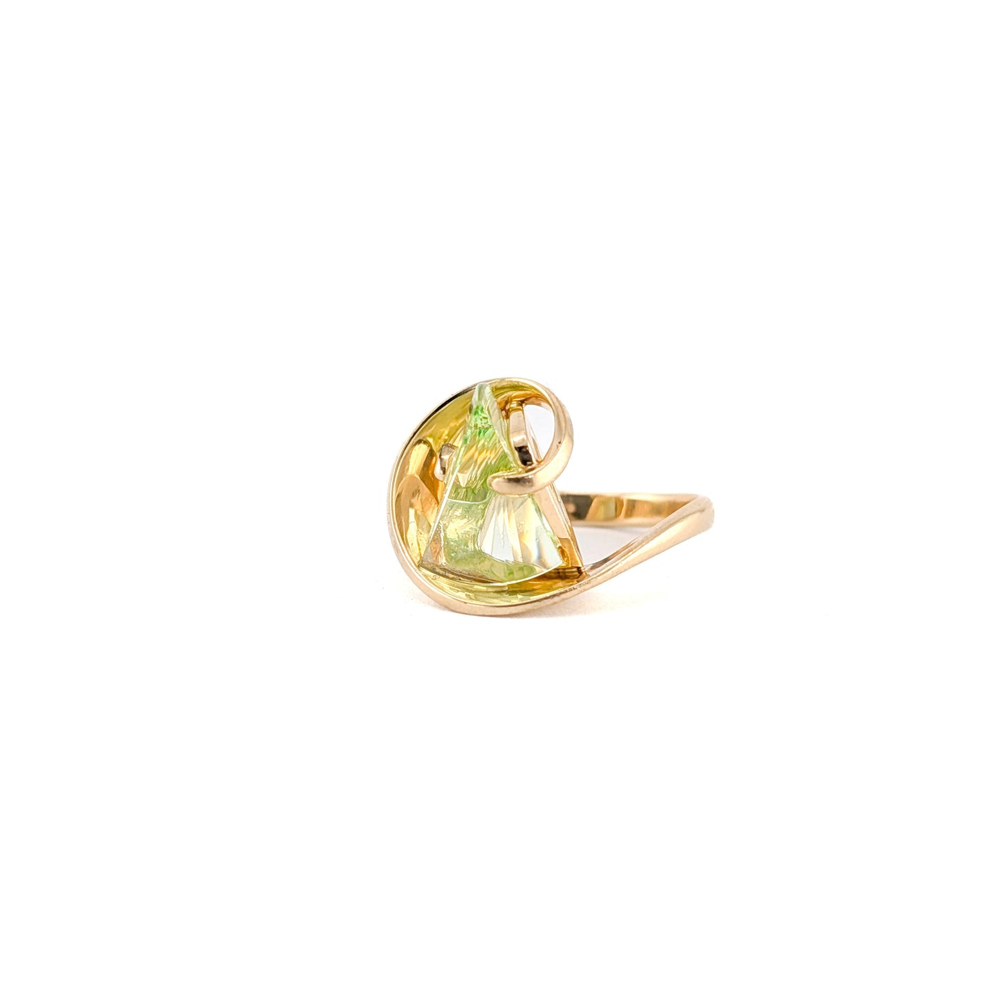 Vintage Strell 14K Gold Lighthouse Lens Ring – Faceted Uranium Glass / Synthetic Spinel, Modernist Design