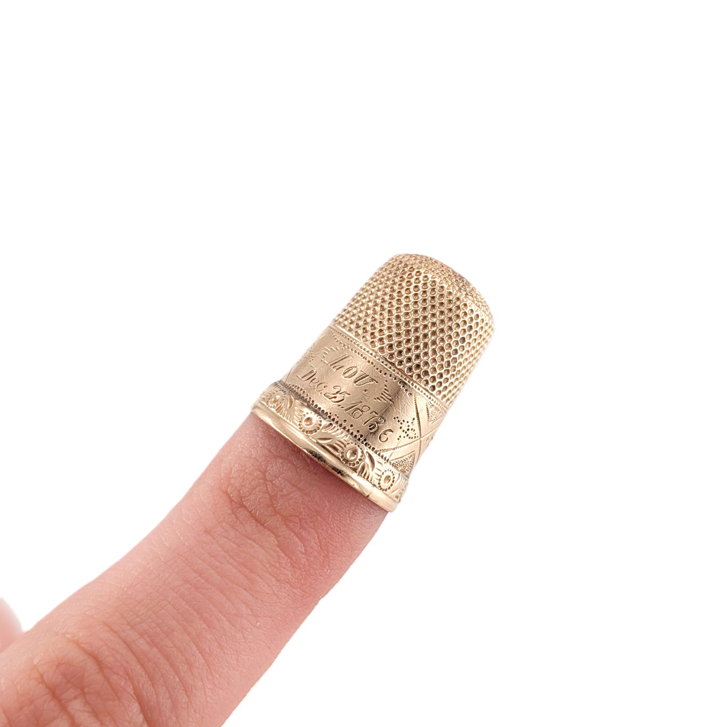 Antique 10K Gold Thimble – Engraved “LOU Dec 25 1873” – Victorian Sewing Collectible
