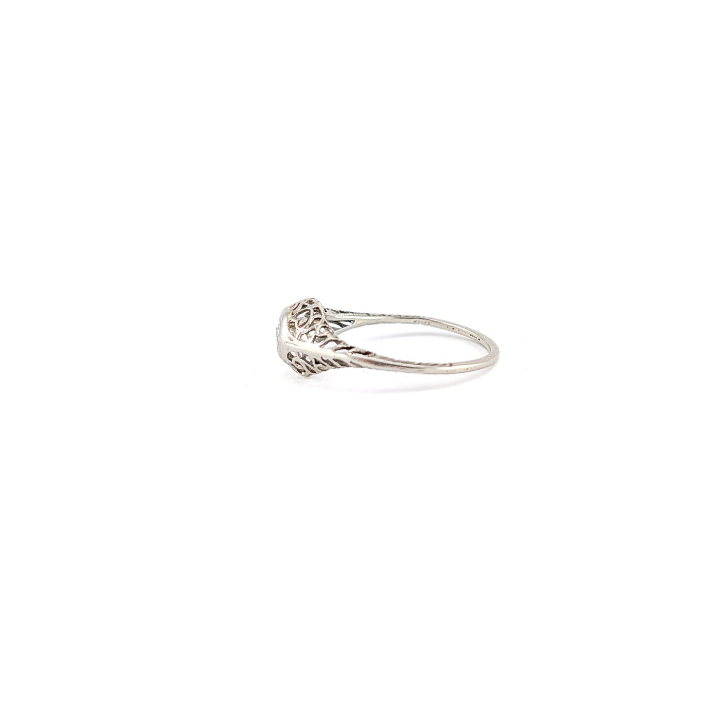 Antique 18K White Gold Diamond Filigree Ring – Delicate Openwork Solitaire