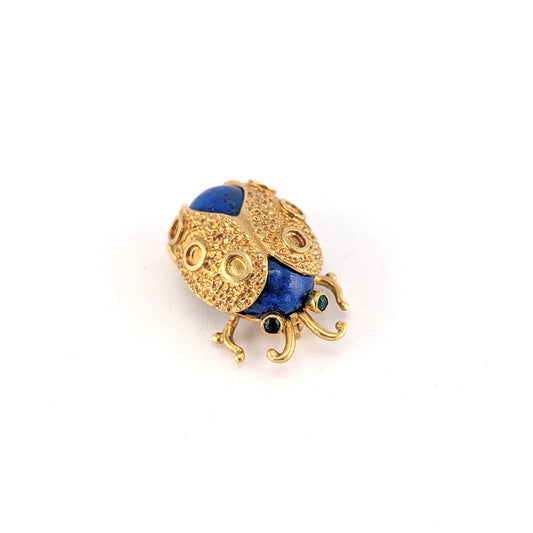 Vintage 18K Gold Lapis Lazuli & Emerald Beetle Brooch