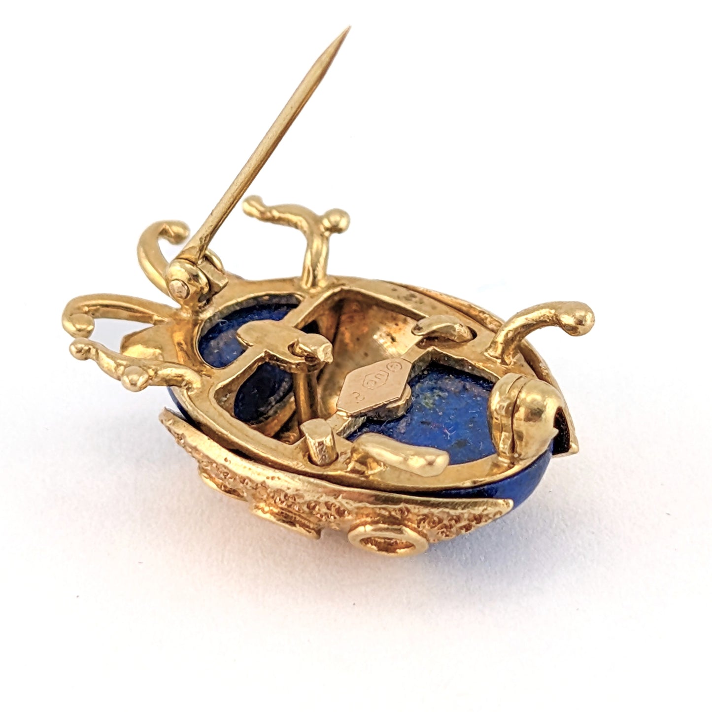 Vintage 18K Gold Lapis Lazuli & Emerald Beetle Brooch