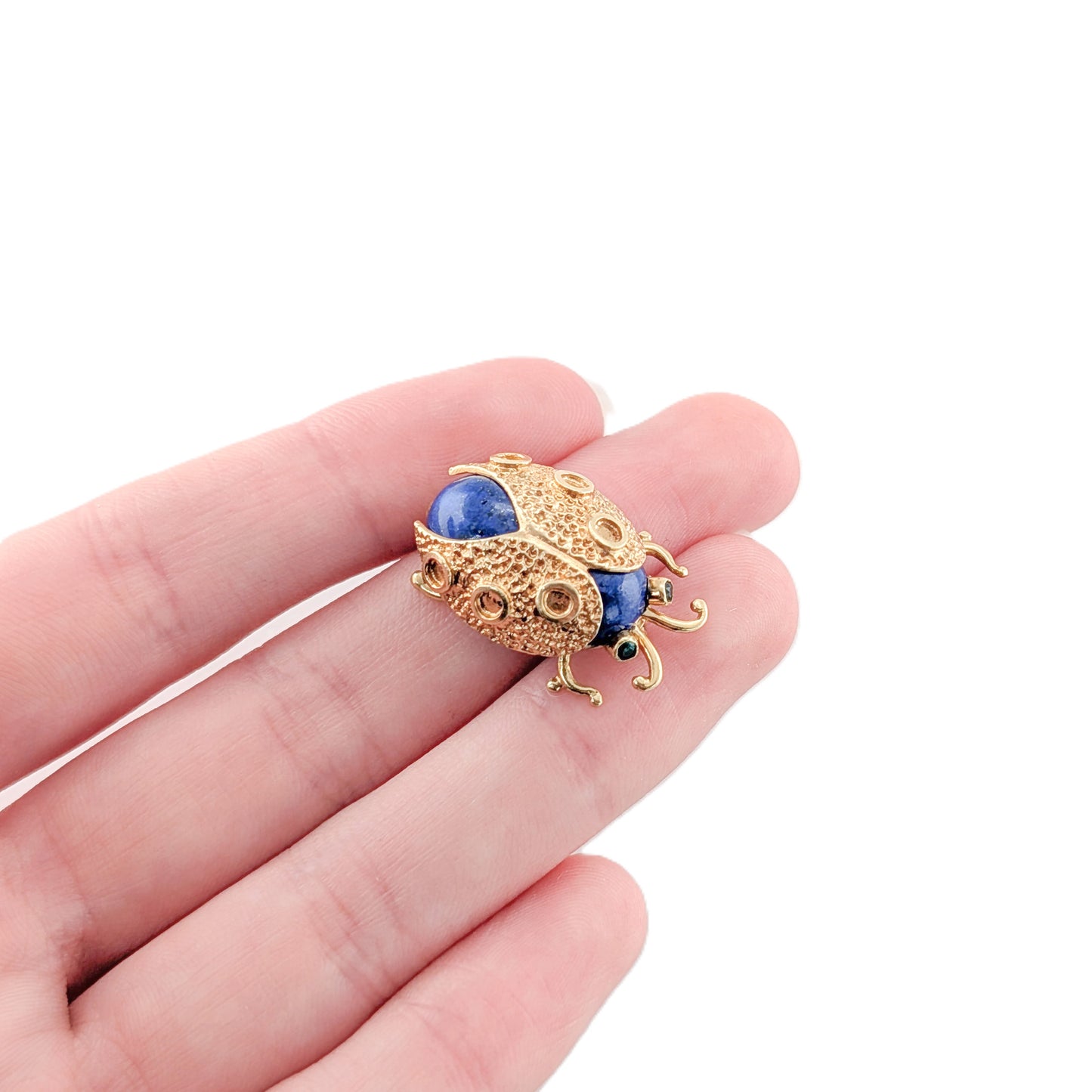 Vintage 18K Gold Lapis Lazuli & Emerald Beetle Brooch