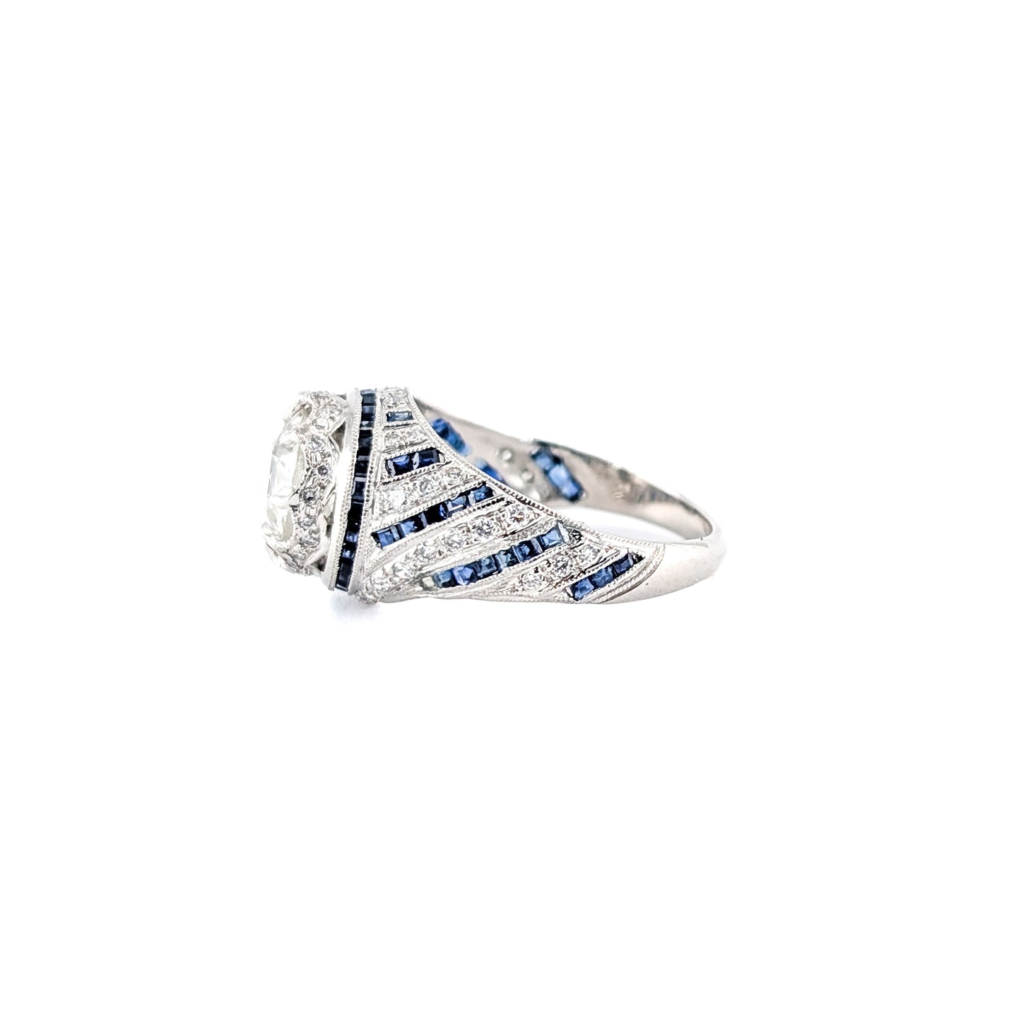 Vintage Sapphire and Diamond Ring with 1.84 Carat Old European Cut Diamond in Platinum