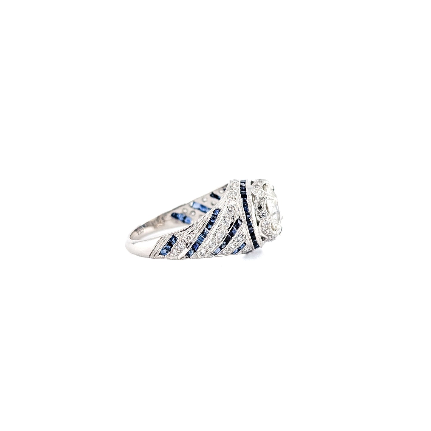 Vintage Sapphire and Diamond Ring with 1.84 Carat Old European Cut Diamond in Platinum