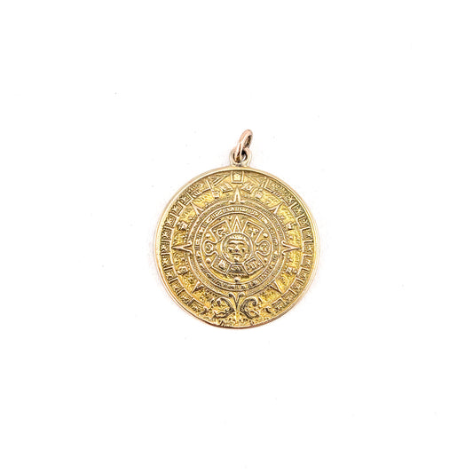 Vintage 14K Gold Aztec Calendar Pendant – Sun God Medallion