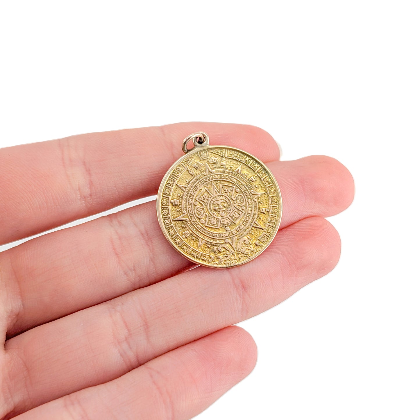 Vintage 14K Gold Aztec Calendar Pendant – Sun God Medallion