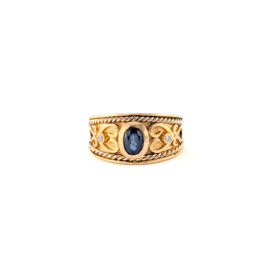Vintage 14K Gold Sapphire and Diamond Wide Band Ring